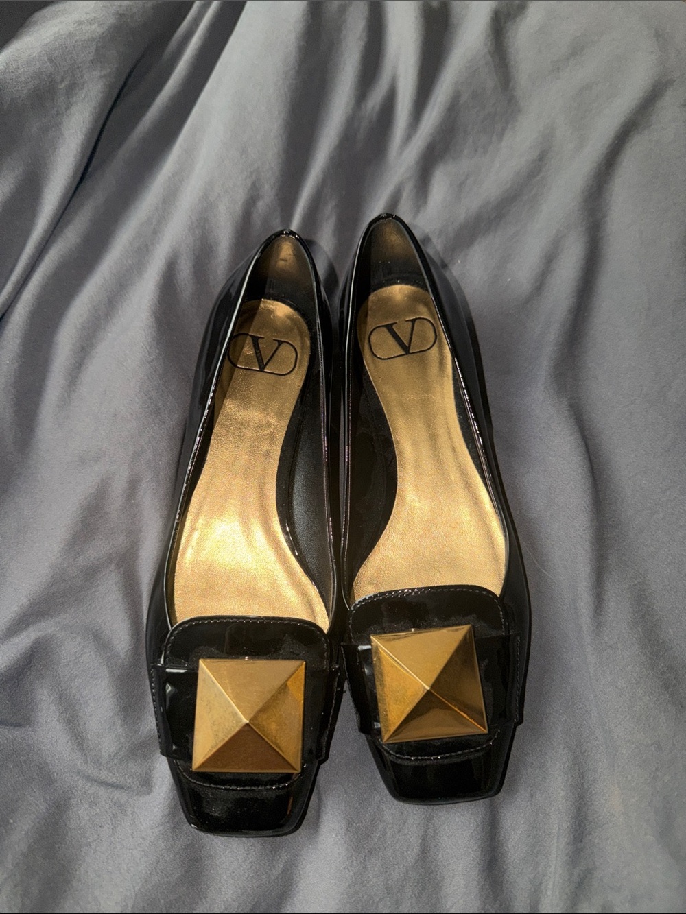 Valentino Garavani Black Patent Leather Flats with Gold Pyramid Detail
